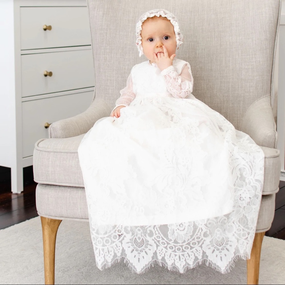 Victoria Long Sleeve Lace Christening Baptism Gown & Bonnet